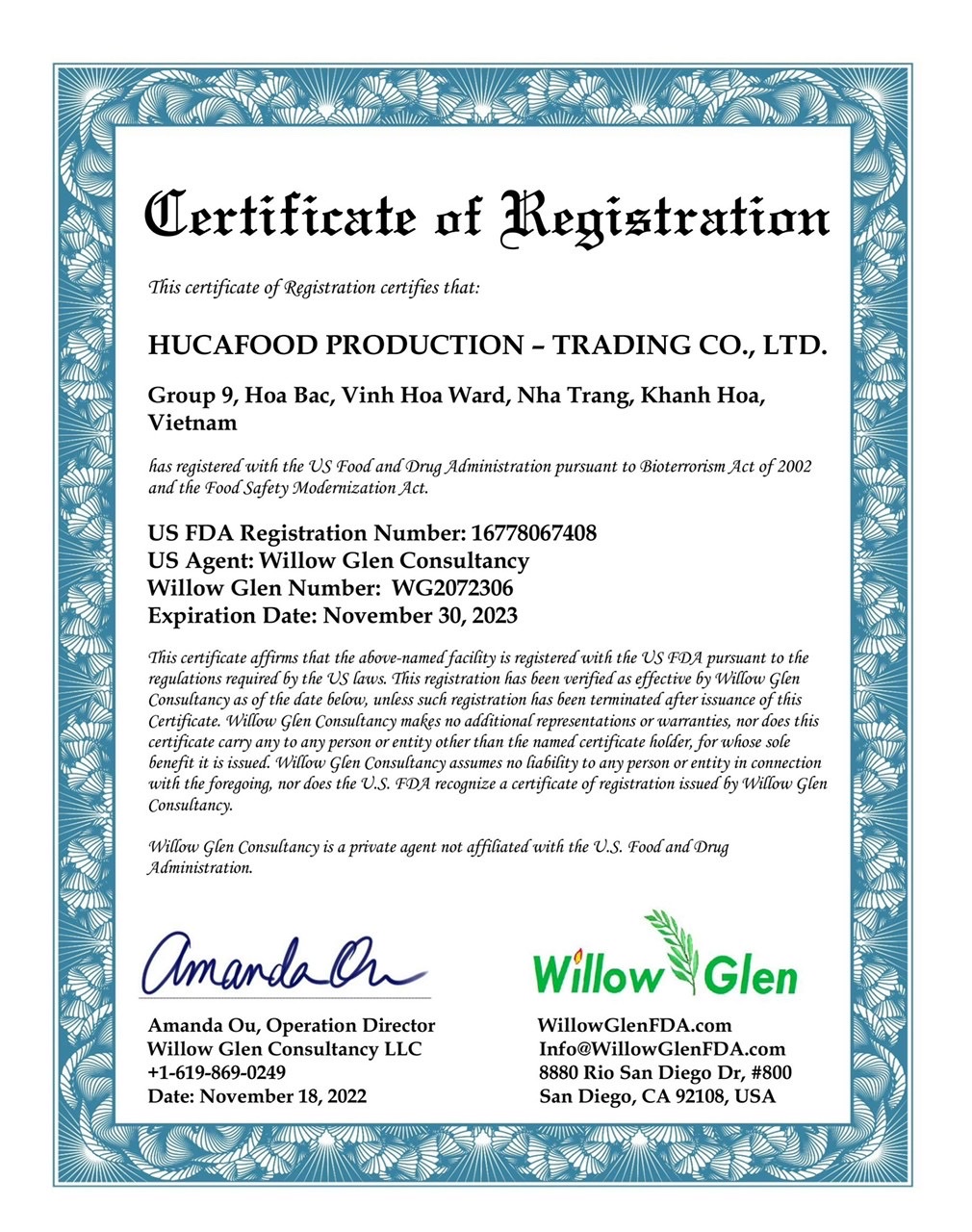 FDA Certificate - HUCAFOOD PRODUCTION - TRADING CO., LTD.