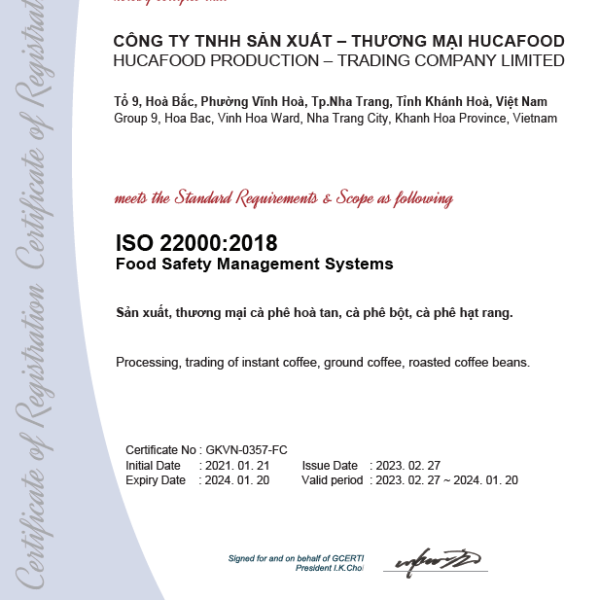 ISO 22000 HUCA FOOD Co., Ltd