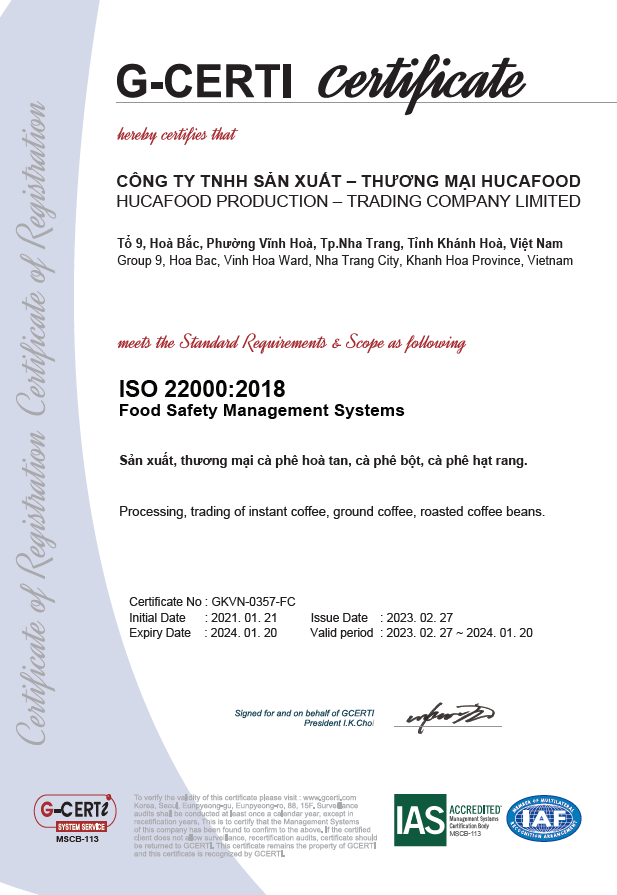 ISO 22000 HUCA FOOD Co., Ltd