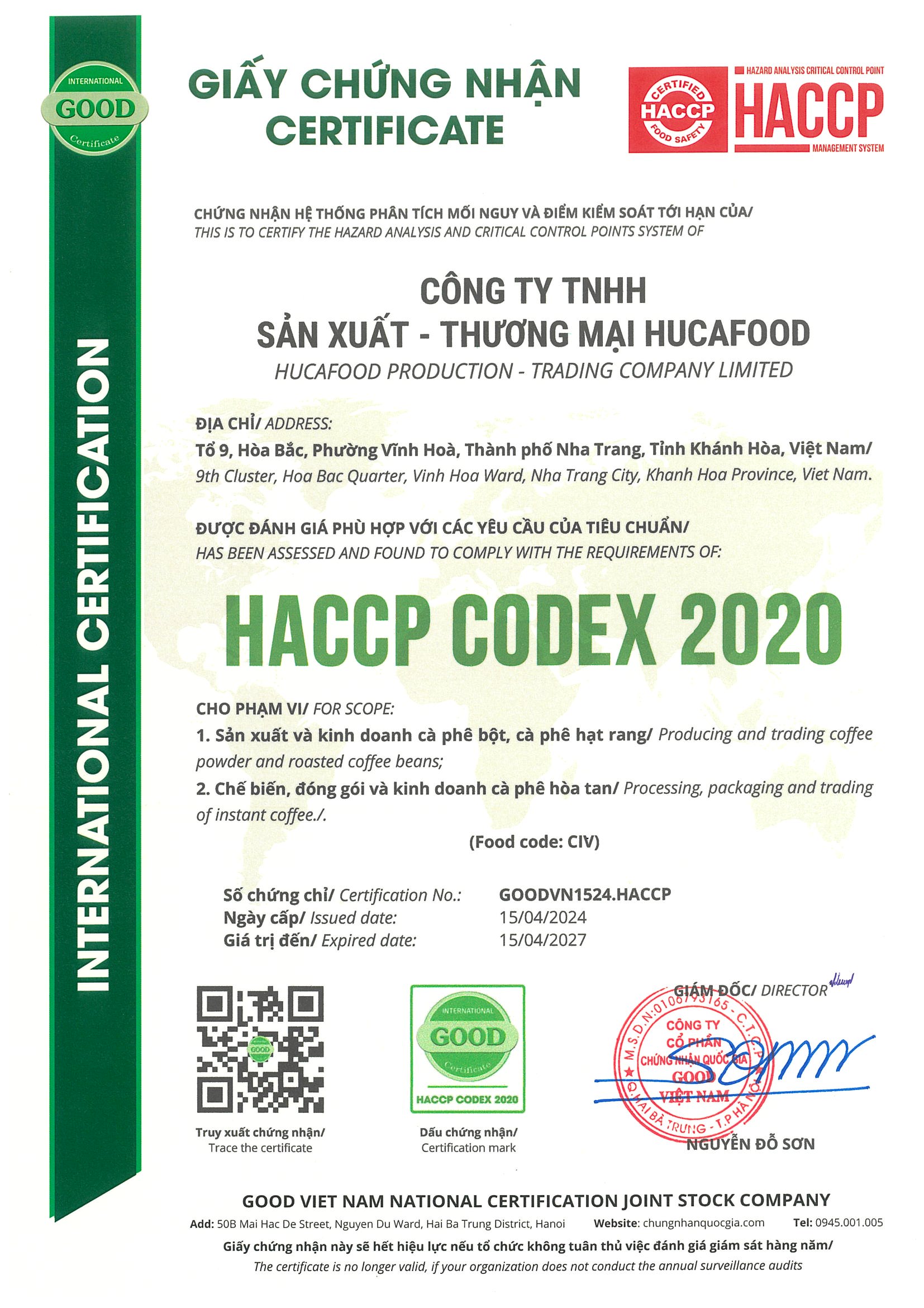 Chứng chỉ chất lượng quốc tế của xưởng gia công cà phê HUCAFOOD