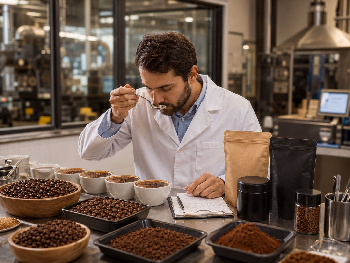 coffee quality control and sample testing before commercial manufacturing