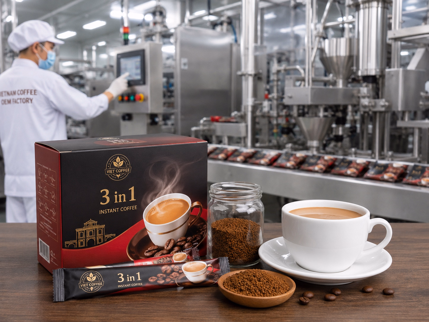 3 in 1 instant coffee oem production and sachet packaging in vietnam