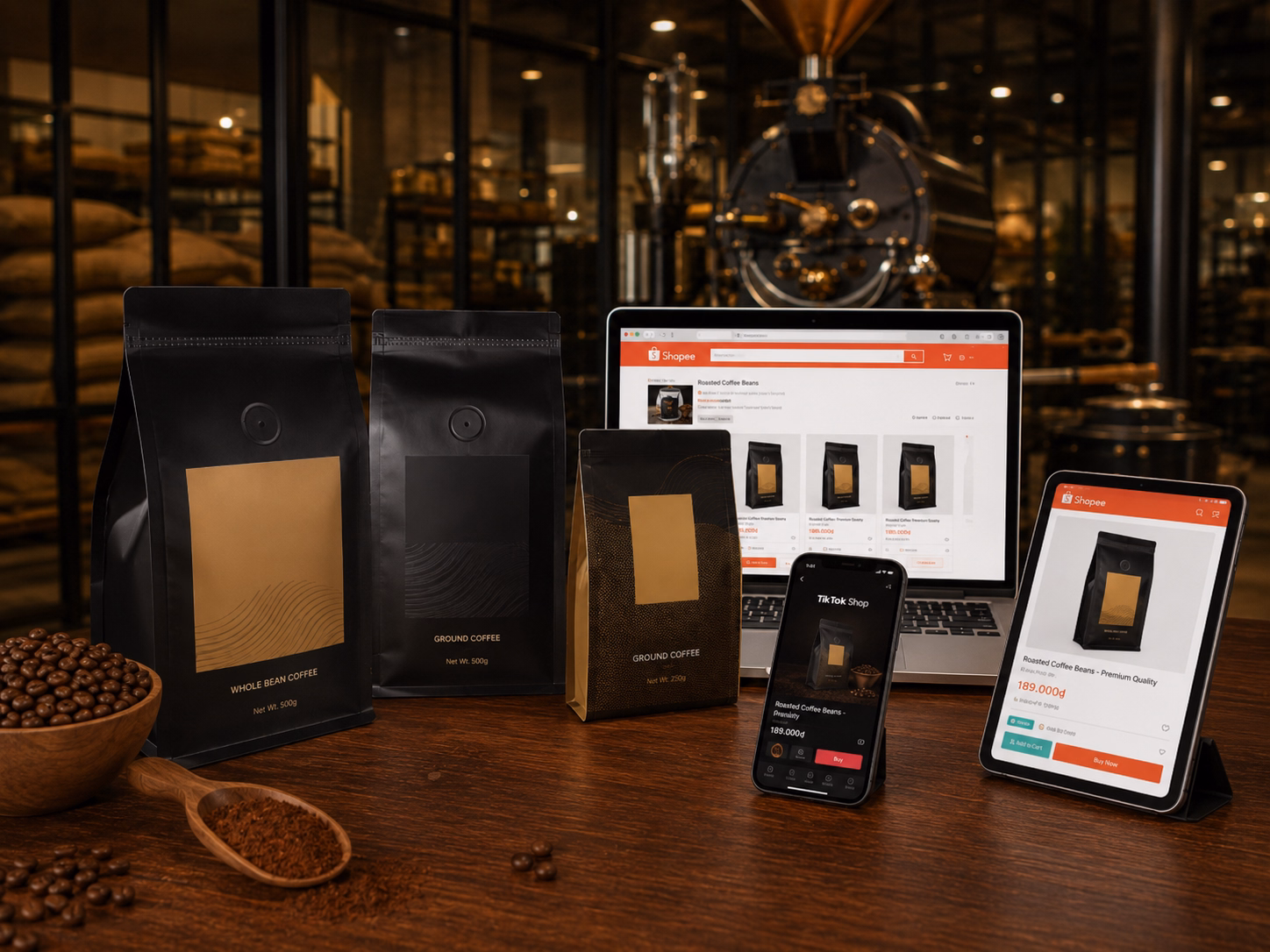 sản phẩm cà phê hạt rang bán trên website tiktok shop và shopee