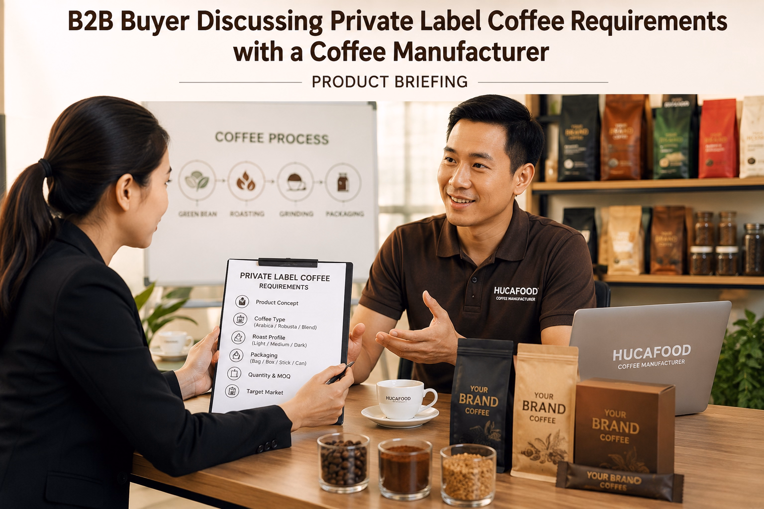 b2b buyer discussing private label coffee requirements with a coffee manufacturer