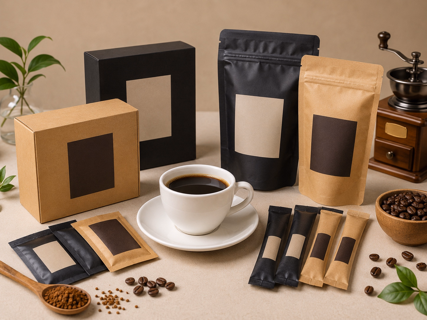 cà phê hòa tan đen dạng stick và sachet đóng gói thương hiệu riêng