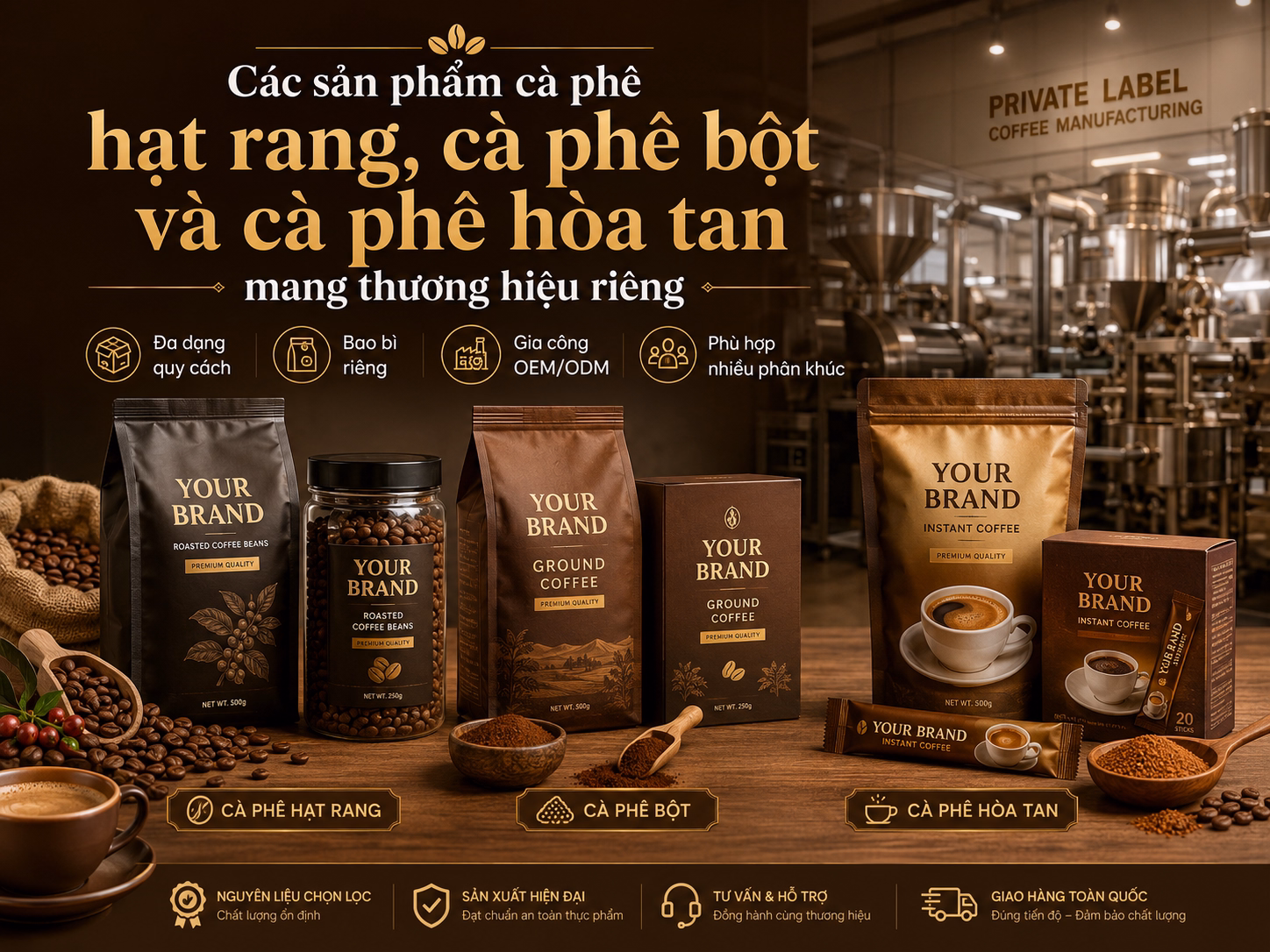 Các sản phẩm cà phê hạt rang, cà phê bột và cà phê hòa tan mang thương hiệu riêng