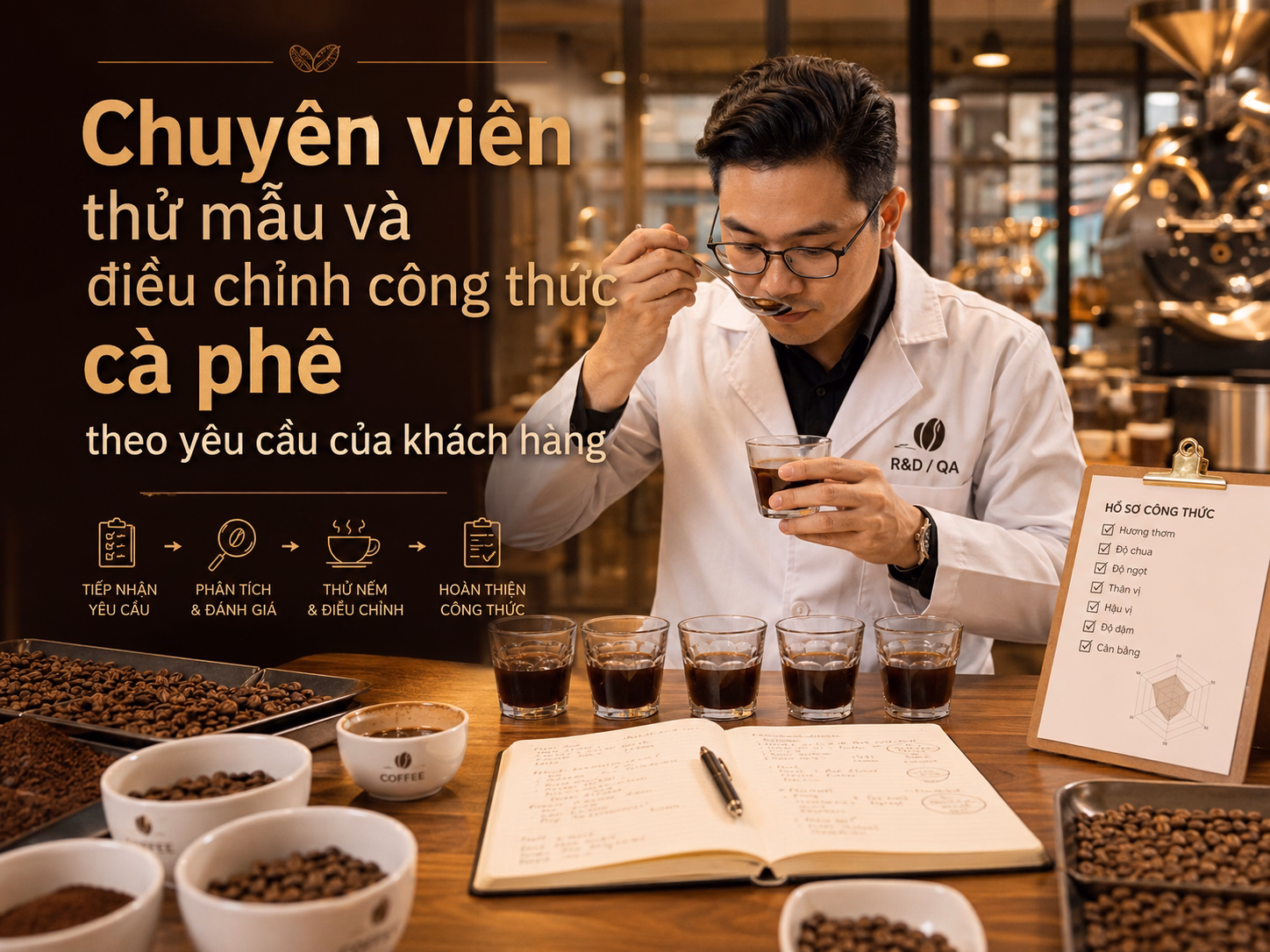 Chuyên viên thử mẫu và điều chỉnh công thức cà phê theo yêu cầu của khách hàng