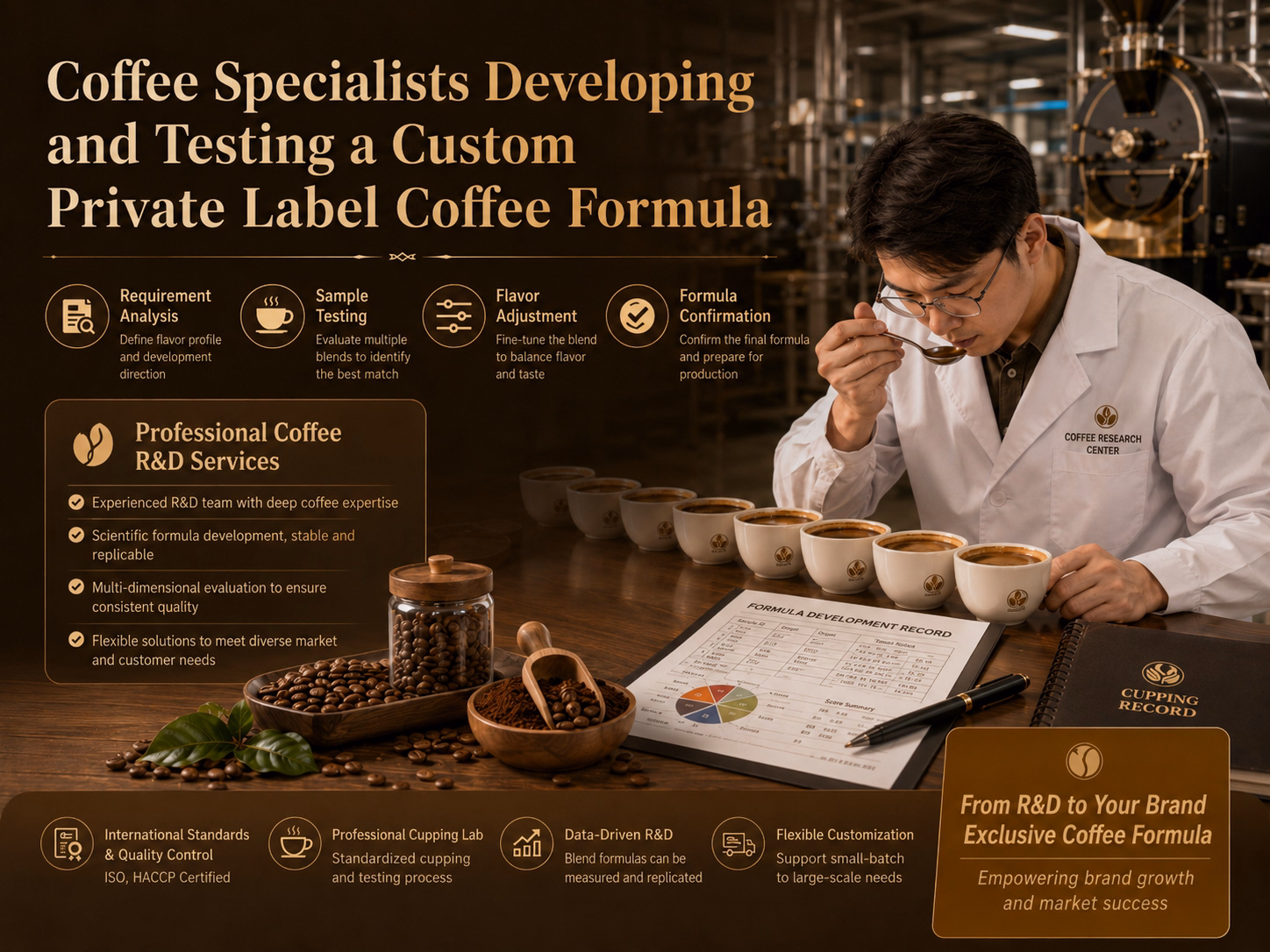coffee specialists developing and testing a custom private label coffee formula