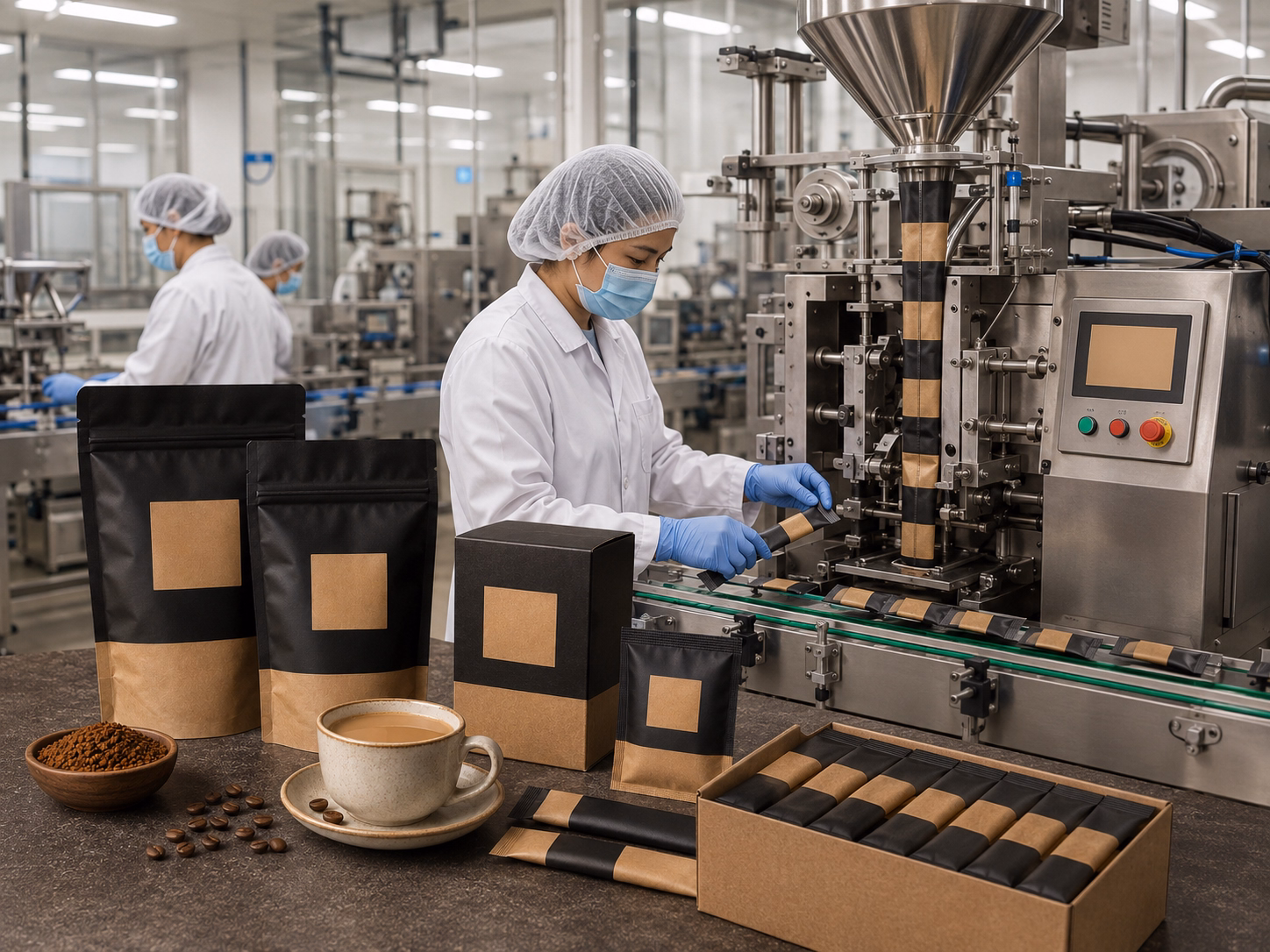 dây chuyền đóng gói cà phê hòa tan 3in1 tại nhà máy oem