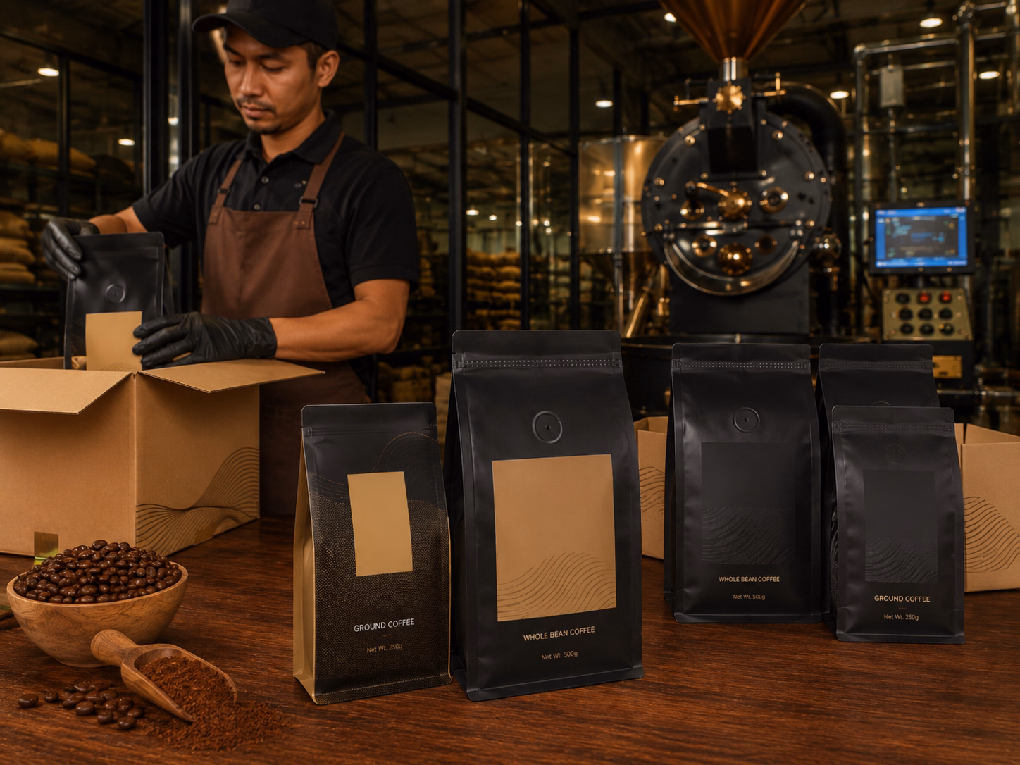 Đóng gói cà phê rang xay thương hiệu riêng dạng túi 250g và 500g