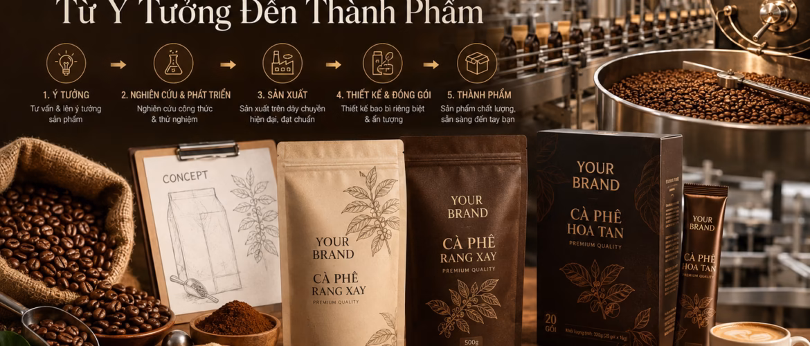 Gia công cà phê thương hiệu riêng từ phát triển công thức đến đóng gói thành phẩm