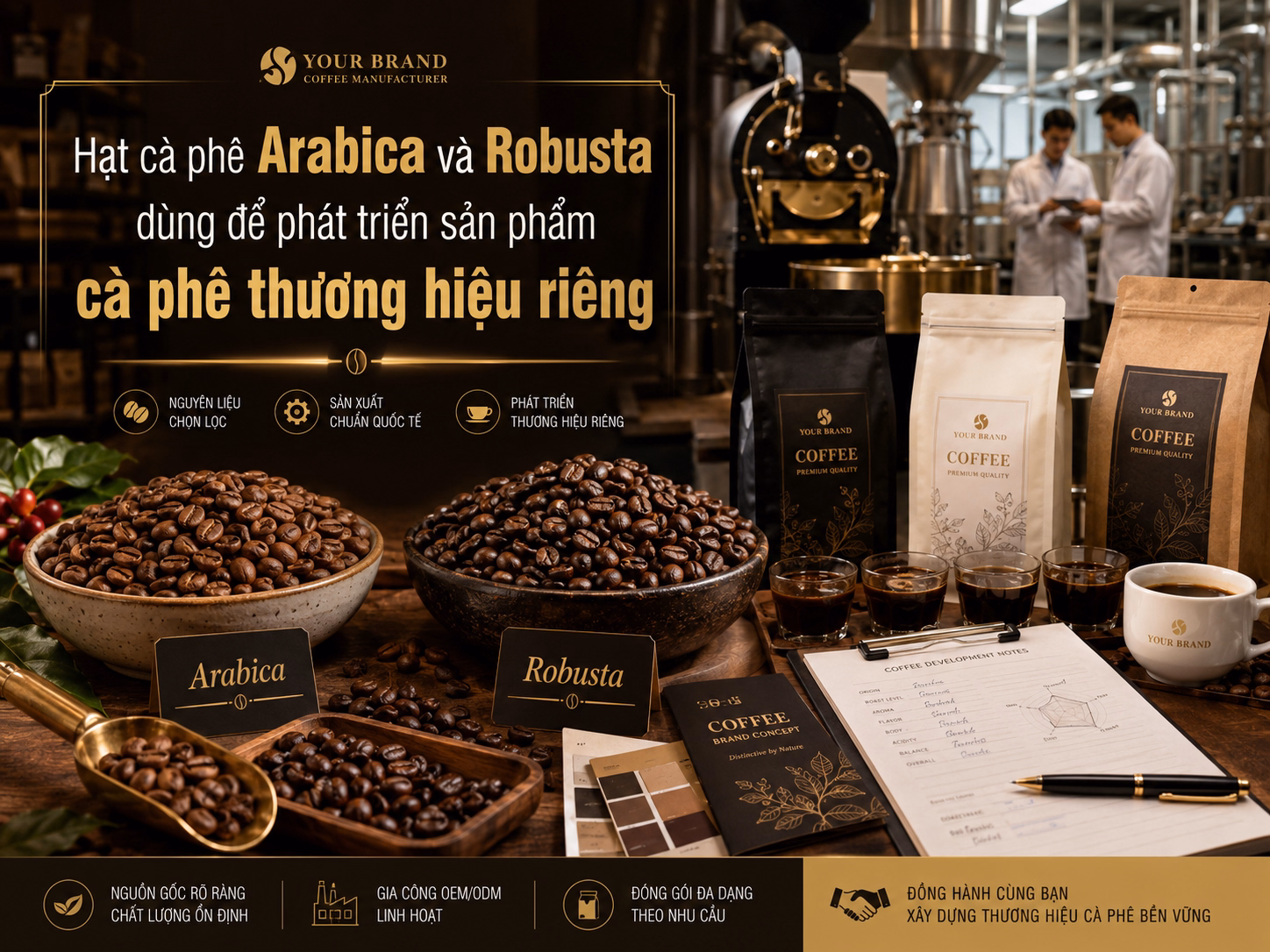 Hạt cà phê arabica và robusta dùng để phát triển sản phẩm cà phê thương hiệu riêng