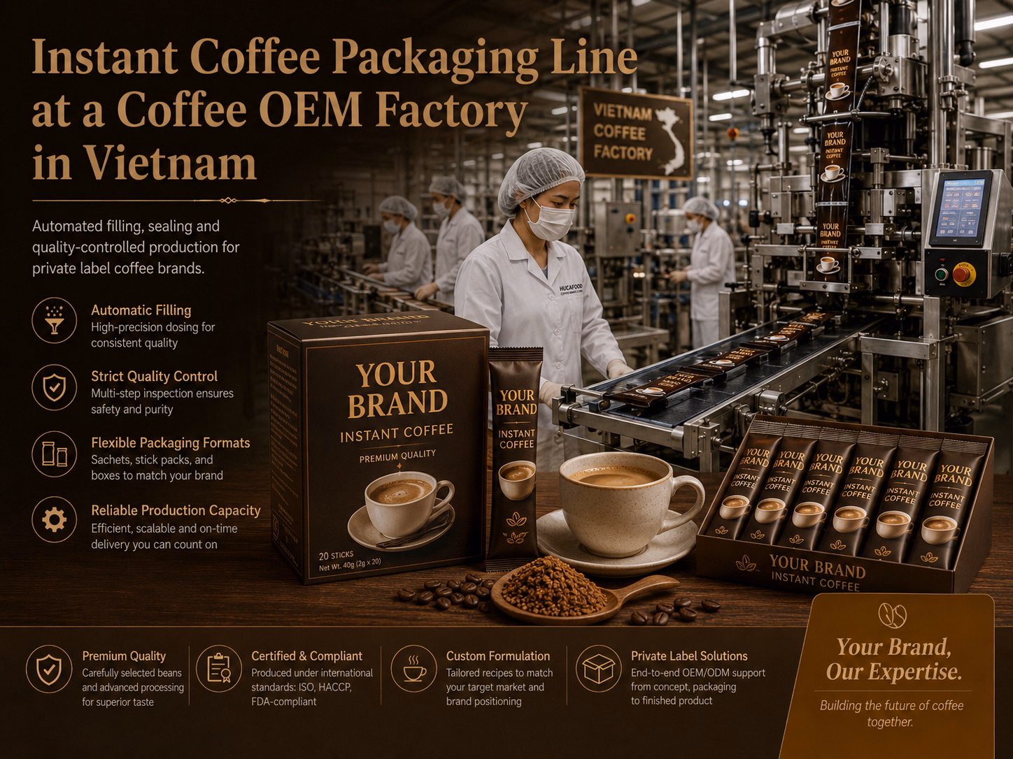 instant coffee packaging line at a coffee oem factory in vietnam