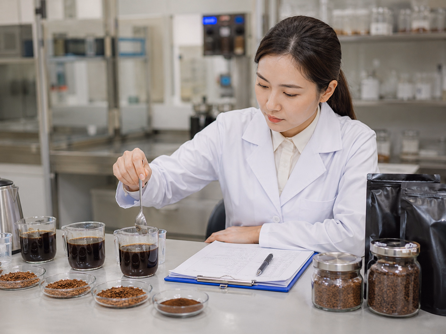 kiểm tra độ hòa tan của cà phê hòa tan đen trước khi sản xuất