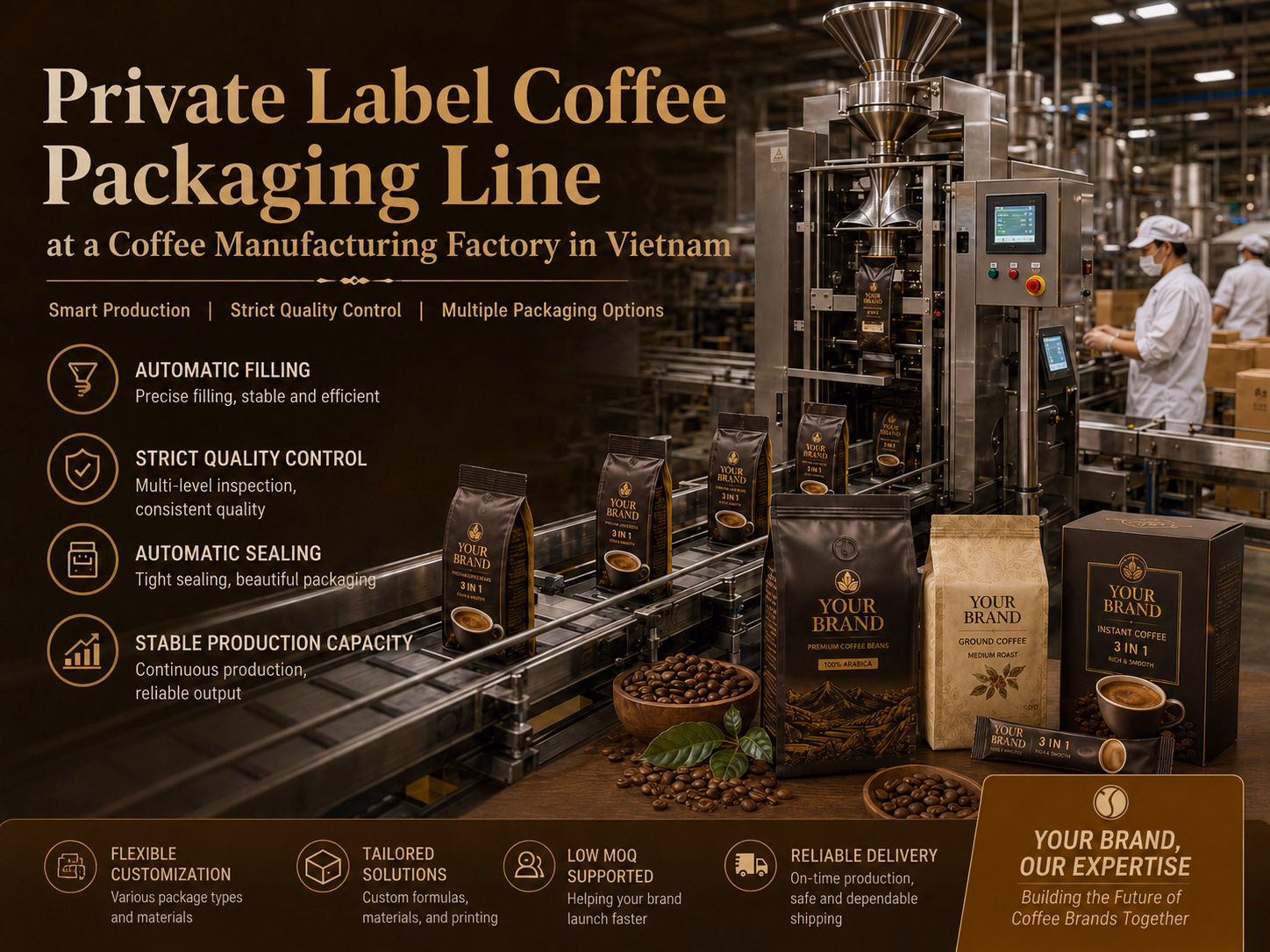 private label coffee packaging line at a coffee manufacturing factory in vietnam