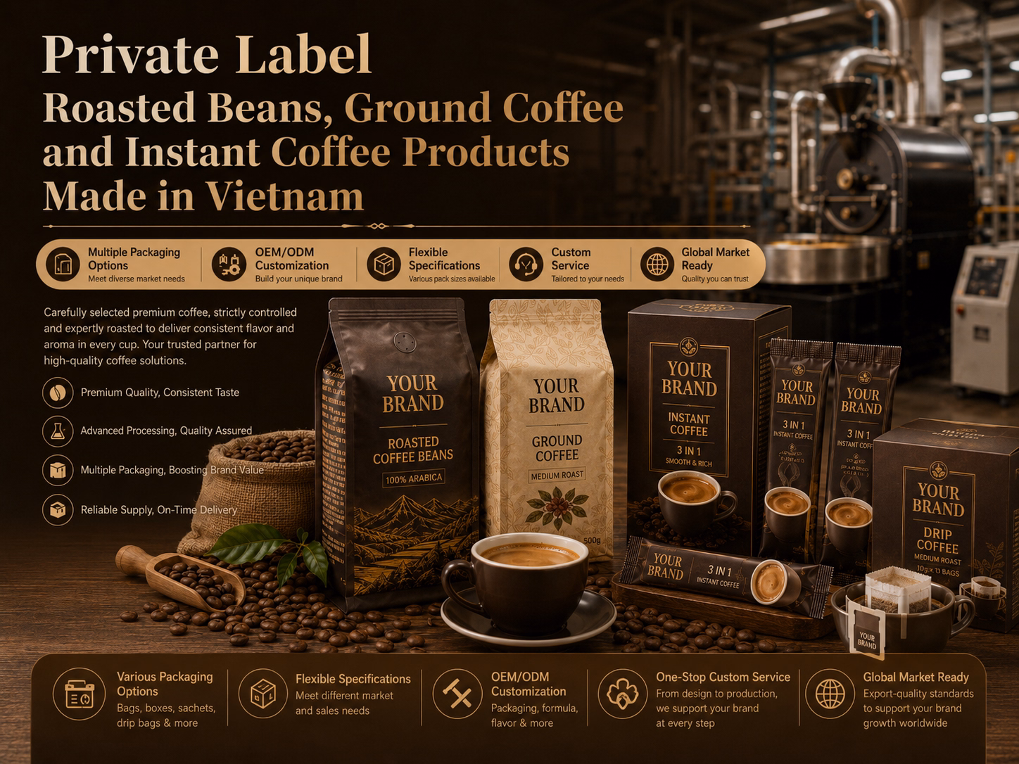 private label roasted beans, ground coffee and instant coffee products made in vietnam