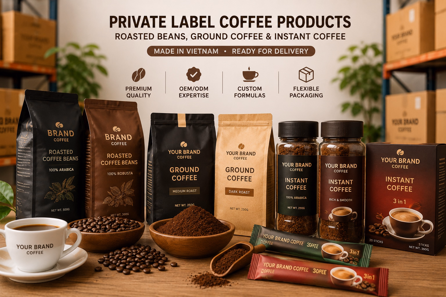 private label roasted coffee ground coffee and instant coffee products ready for delivery