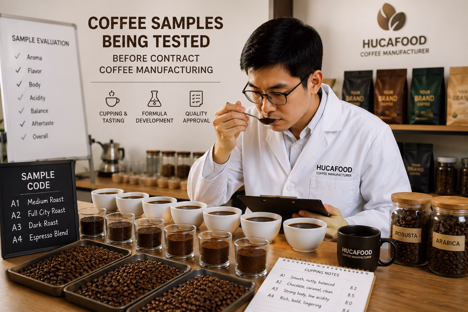 sample testing image coffee samples being tested before contract coffee manufacturing