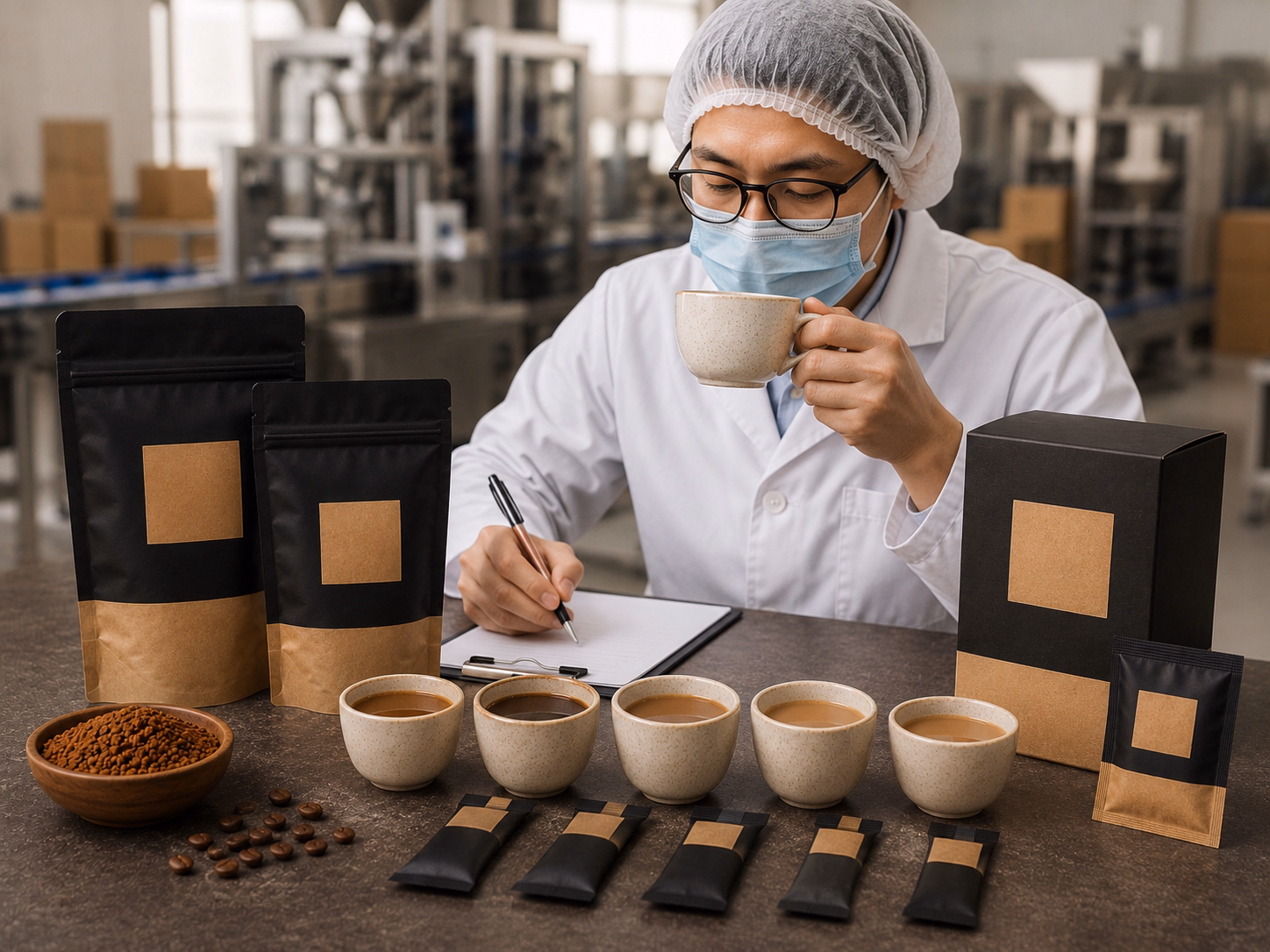 thử mẫu cà phê hòa tan 3in1 trước khi sản xuất hàng loạt